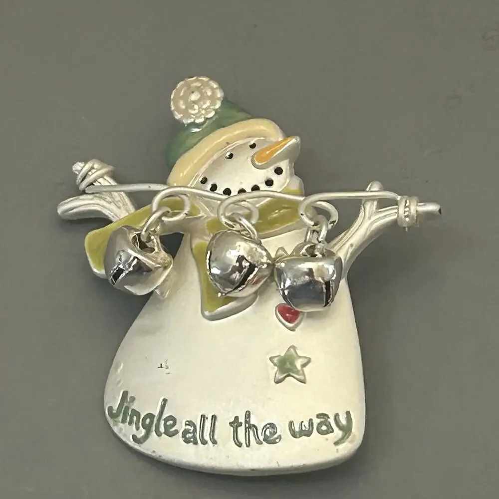 TC Snowman Pin Brooch With Bells Scarf Christmas Jingle All The Way